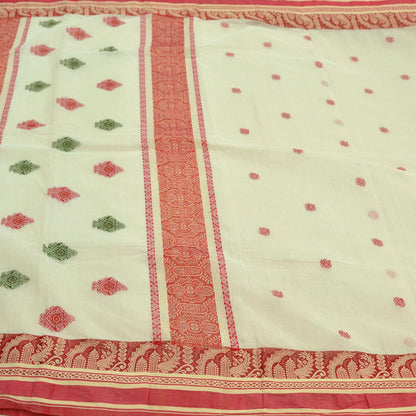 Indian Vintage Sarees Ivory Pure Cotton Hand Woven Sari 5yd Ethnic Floral Craft Fabric Dress making Upcycle Crafting Quilting