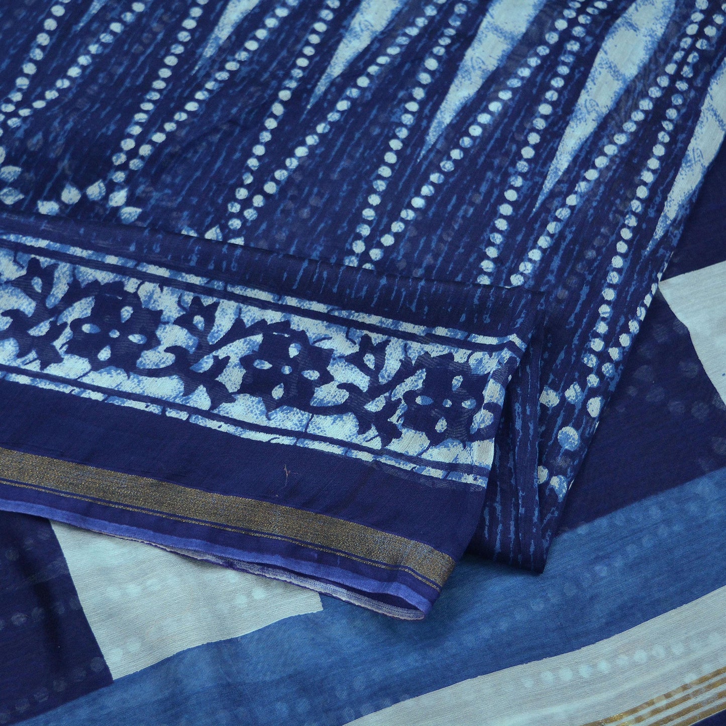 Indian Vintage Sari Blue Pure Chanderi Cotton Hand Block Printed Sarees 5Yd Craft Fabric Soft Sewing Sarong Dress Making Quilting Crafting