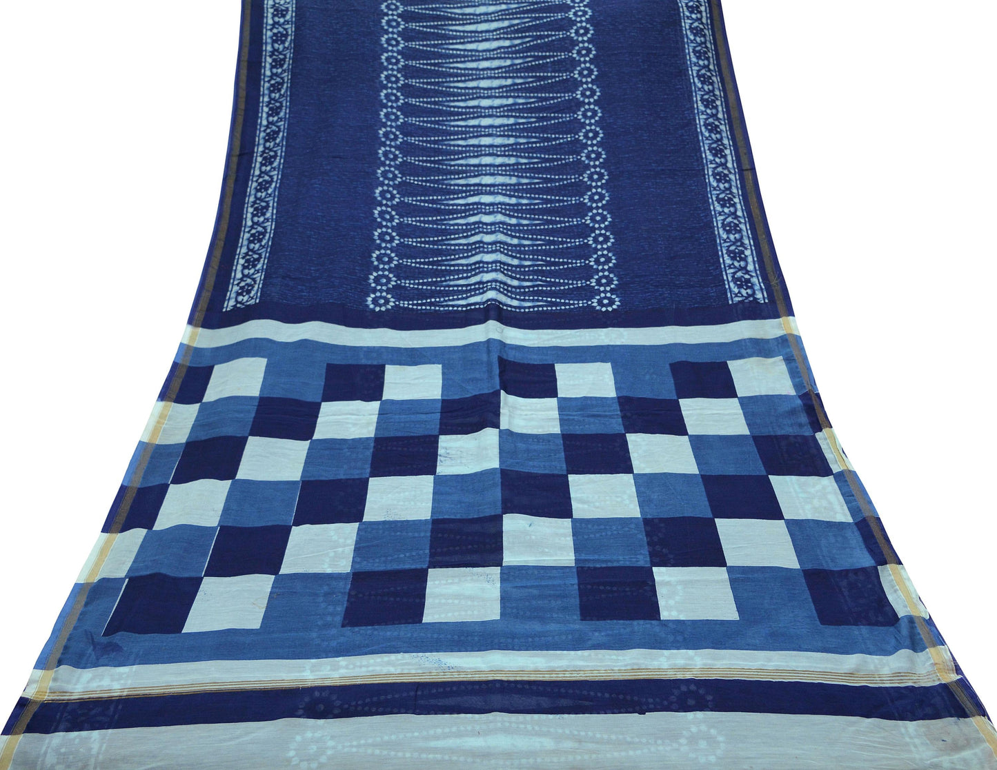 Indian Vintage Sari Blue Pure Chanderi Cotton Hand Block Printed Sarees 5Yd Craft Fabric Soft Sewing Sarong Dress Making Quilting Crafting