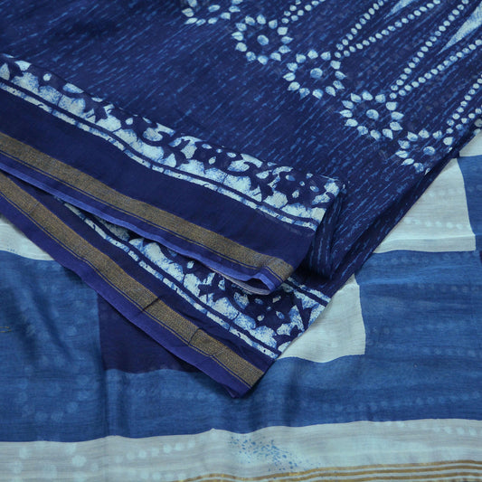 Indian Vintage Sari Blue Pure Chanderi Cotton Hand Block Printed Sarees 5Yd Craft Fabric Soft Sewing Sarong Dress Making Quilting Crafting