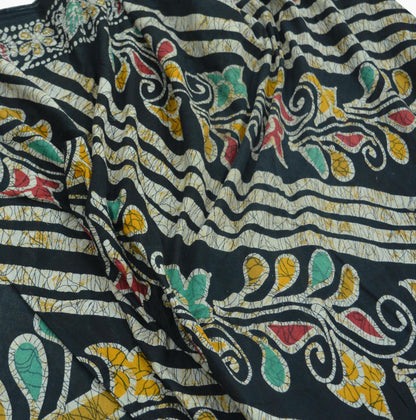 Indian Vintage Black Saree Batik Printed 100% Pure Cotton Indian Sari Craft Fabric 5Yd Soft Sewing Sarong Wrap Boho Quilting Upcycle