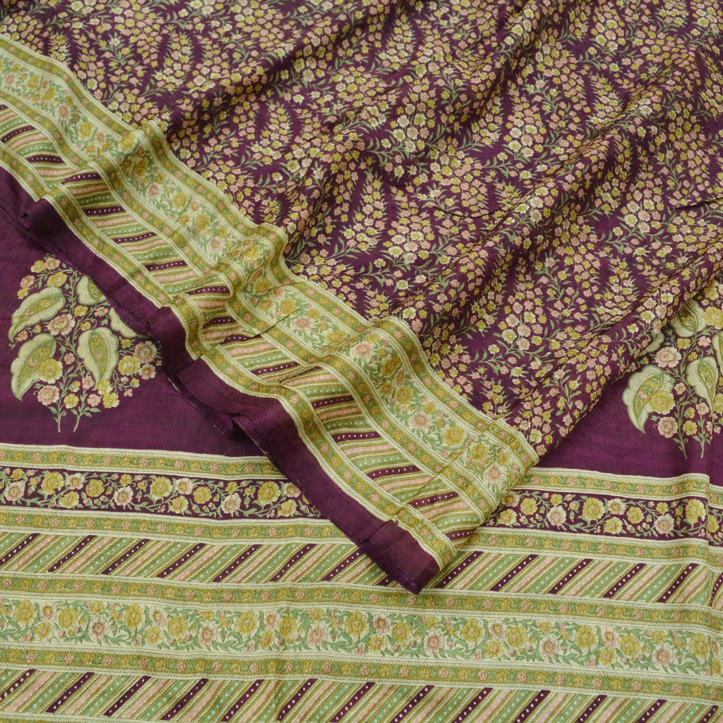 Indian Vintage Sari Purple Pure Silk Printed Sarees 6yd Sewing Craft Fabric Dress Making Soft Wrap Floral Quilting Crafting Upcycle Used