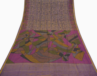 Indian Vintage Sari Golden Purple Pure Silk Printed Saree 6yd Sewing Craft Fabric Dress Making Soft Zari Geometric Crafting Quilting Upcycle