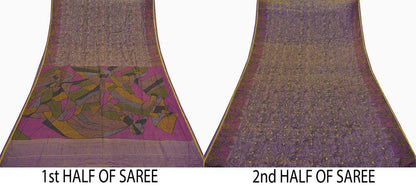 Indian Vintage Sari Golden Purple Pure Silk Printed Saree 6yd Sewing Craft Fabric Dress Making Soft Zari Geometric Crafting Quilting Upcycle