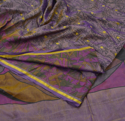 Indian Vintage Sari Golden Purple Pure Silk Printed Saree 6yd Sewing Craft Fabric Dress Making Soft Zari Geometric Crafting Quilting Upcycle