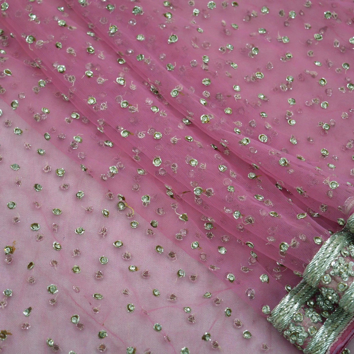 Indian Vintage Heavy Bridal Pink Dupatta Net Mesh Long Stole Hand Embroidered Scarves Silver Zardozi Dabka Zari Sequins Wedding veil