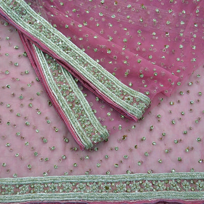 Indian Vintage Heavy Bridal Pink Dupatta Net Mesh Long Stole Hand Embroidered Scarves Silver Zardozi Dabka Zari Sequins Wedding veil