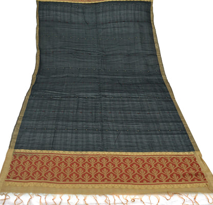 Indian Vintage Dupatta Black Long Stole Printed Woven Pure Chanderi Silk Indian Scarves Veil Golden Zari Soft Fringes