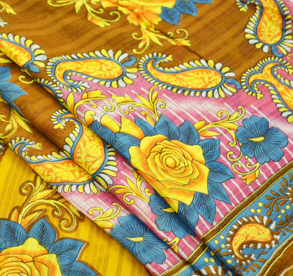 Indian Vintage Sari Brown & Saffron Printed Saree Pure Cotton Craft Fabric Soft 5Yd Sewing Sarong Wrap Boho Floral Dress Making Quilting