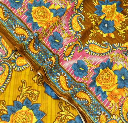 Indian Vintage Sari Brown & Saffron Printed Saree Pure Cotton Craft Fabric Soft 5Yd Sewing Sarong Wrap Boho Floral Dress Making Quilting