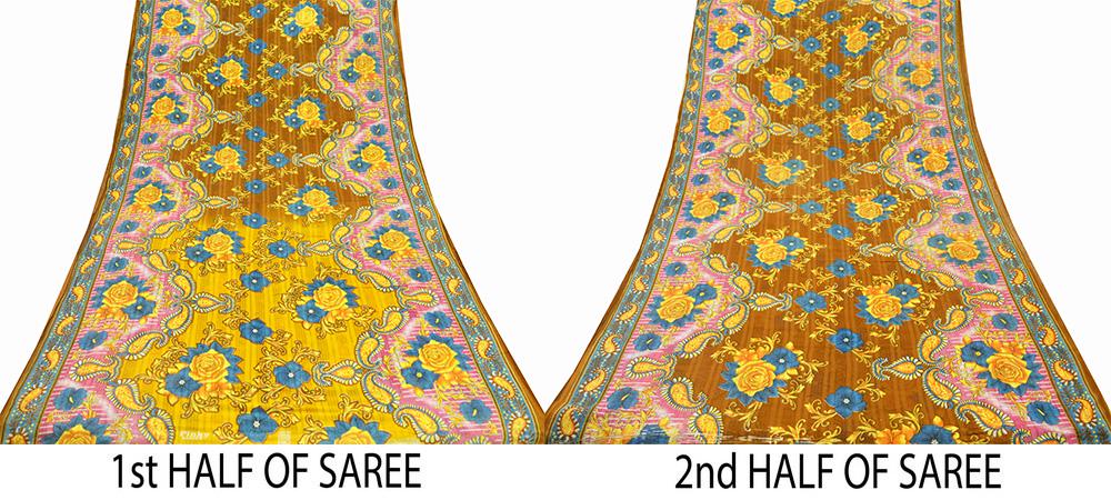 Indian Vintage Sari Brown & Saffron Printed Saree Pure Cotton Craft Fabric Soft 5Yd Sewing Sarong Wrap Boho Floral Dress Making Quilting