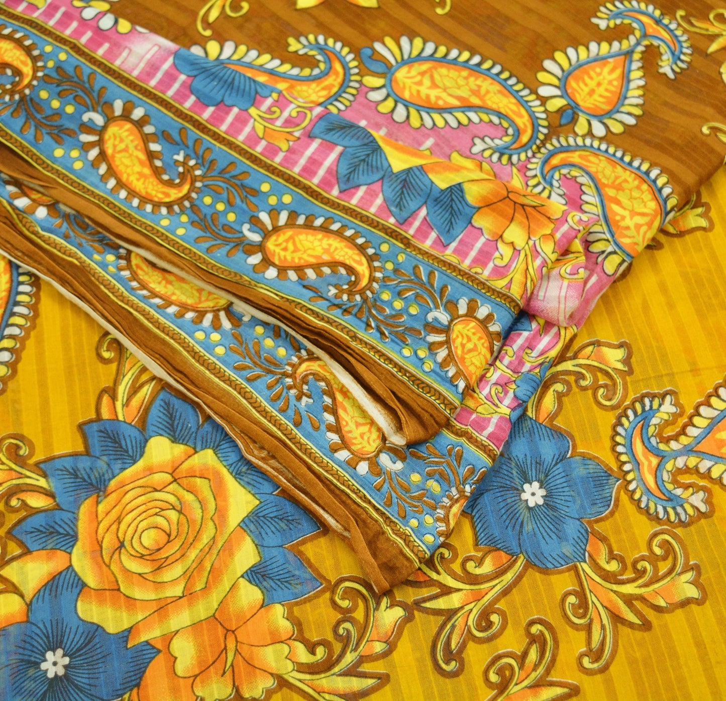 Indian Vintage Sari Brown & Saffron Printed Saree Pure Cotton Craft Fabric Soft 5Yd Sewing Sarong Wrap Boho Floral Dress Making Quilting