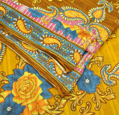 Indian Vintage Sari Brown & Saffron Printed Saree Pure Cotton Craft Fabric Soft 5Yd Sewing Sarong Wrap Boho Floral Dress Making Quilting