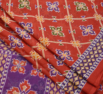 Indian Vintage Sari Purple & Red Printed Pure Cotton Saree Craft Fabric 5Yd Sewing Sarong Wrap Boho Floral Crafting Upcycle Quilting Used