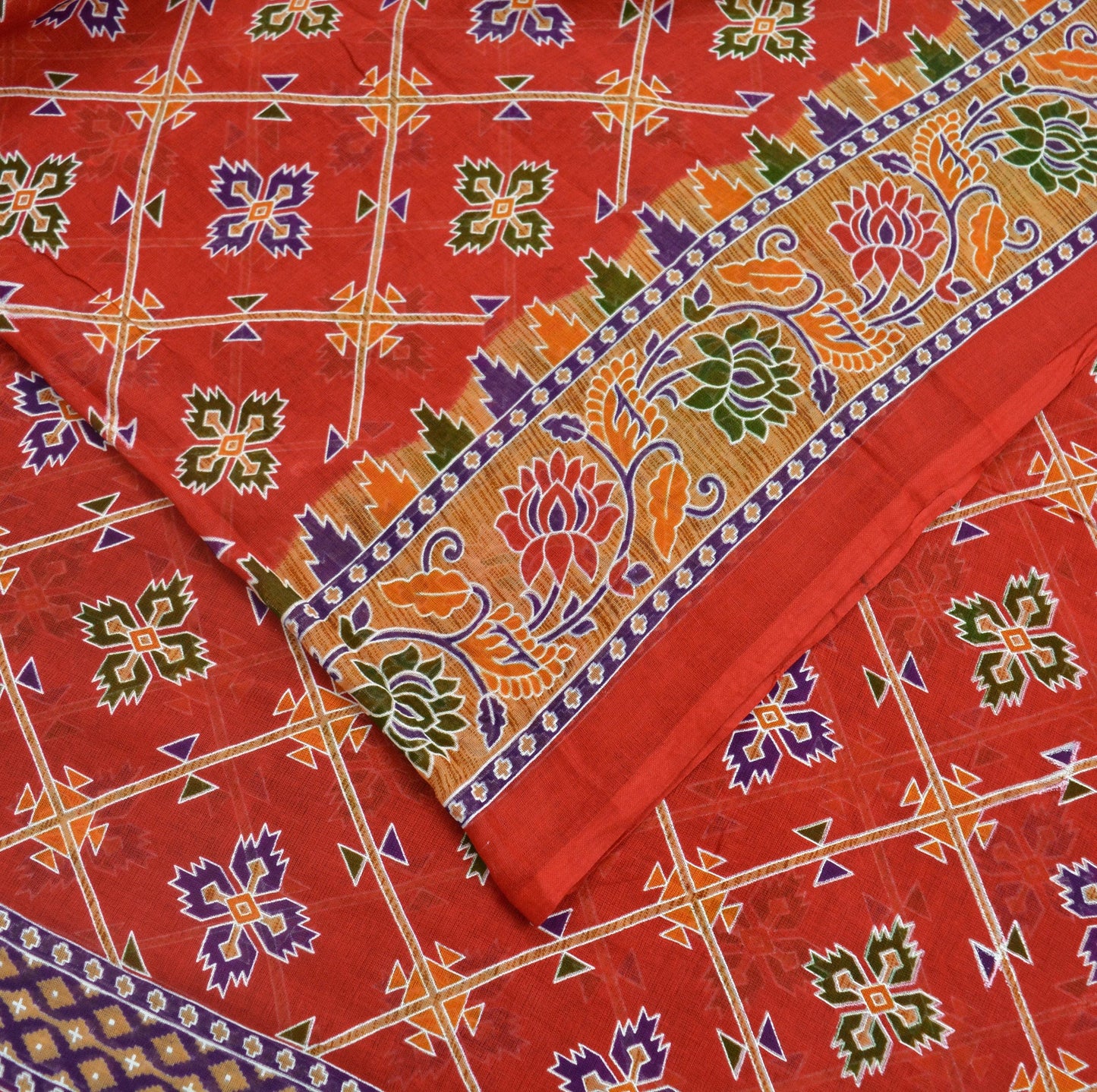 Indian Vintage Sari Purple & Red Printed Pure Cotton Saree Craft Fabric 5Yd Sewing Sarong Wrap Boho Floral Crafting Upcycle Quilting Used