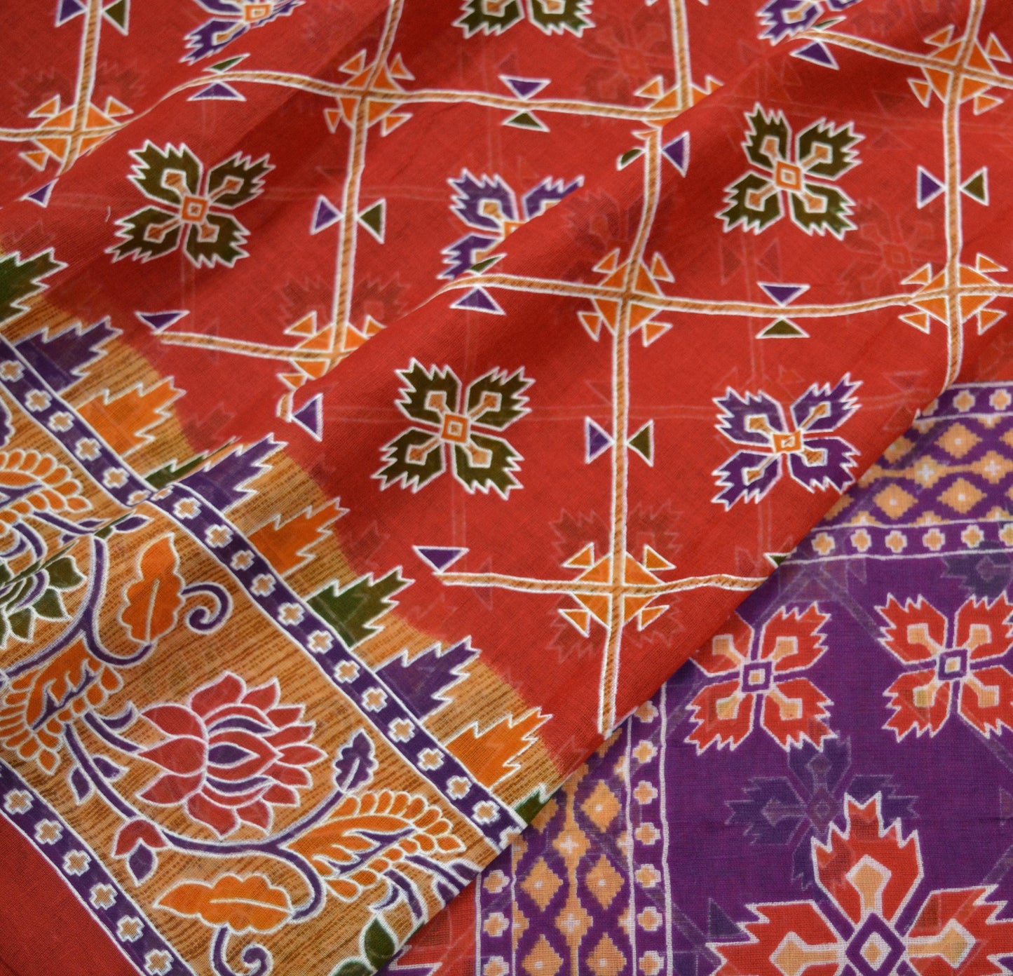 Indian Vintage Sari Purple & Red Printed Pure Cotton Saree Craft Fabric 5Yd Sewing Sarong Wrap Boho Floral Crafting Upcycle Quilting Used