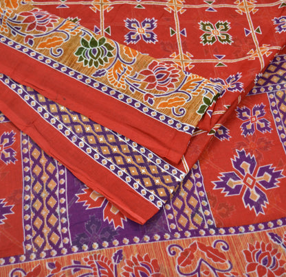 Indian Vintage Sari Purple & Red Printed Pure Cotton Saree Craft Fabric 5Yd Sewing Sarong Wrap Boho Floral Crafting Upcycle Quilting Used