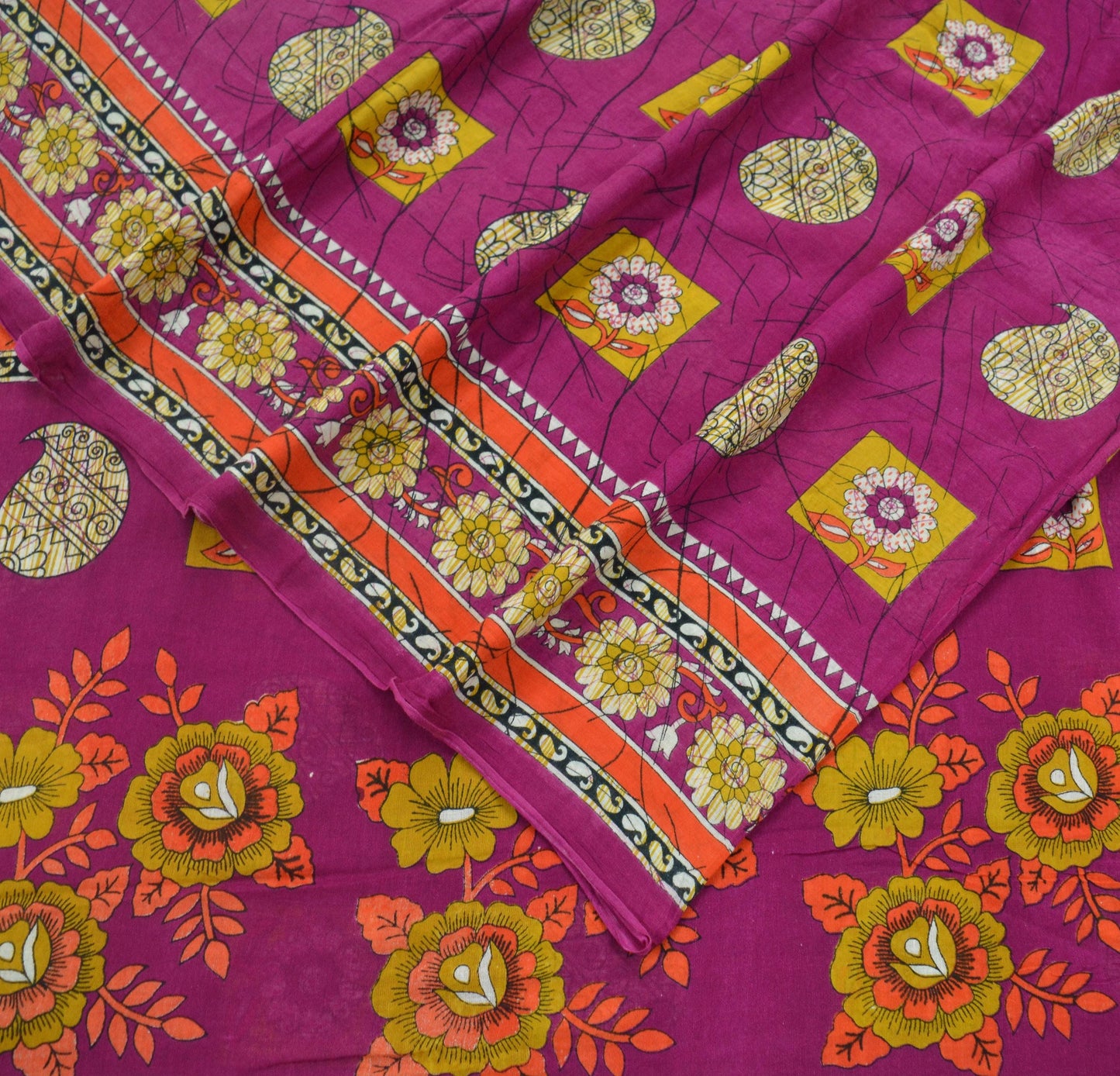 Indian Vintage Sari Purple Printed Sarees Pure Cotton Craft Fabric 5Yd Soft Sewing Sarong Wrap Boho Upcycle Quilting Crafting Used