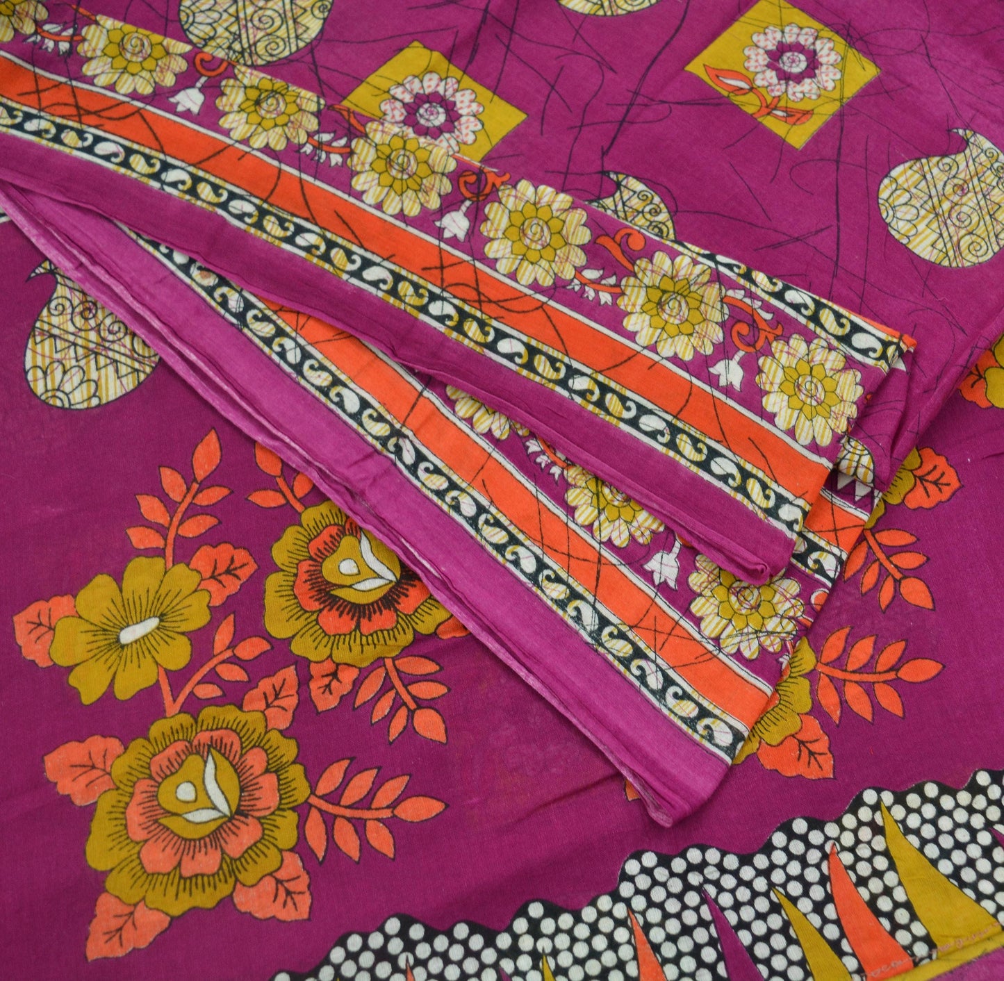 Indian Vintage Sari Purple Printed Sarees Pure Cotton Craft Fabric 5Yd Soft Sewing Sarong Wrap Boho Upcycle Quilting Crafting Used