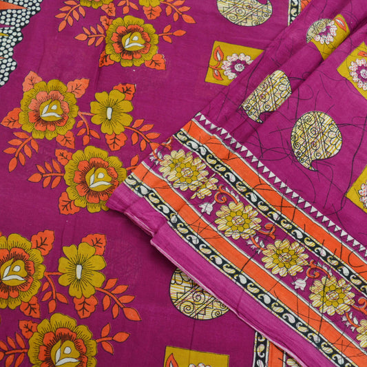 Indian Vintage Sari Purple Printed Sarees Pure Cotton Craft Fabric 5Yd Soft Sewing Sarong Wrap Boho Upcycle Quilting Crafting Used