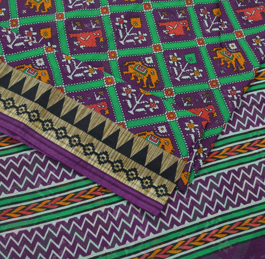 Indian Vintage Purple Saree Ikat Printed Pure Cotton Sari Craft Fabric 5Yard Sewing Sarong Wrap Boho Floral Dress Making Quilting Upcycle