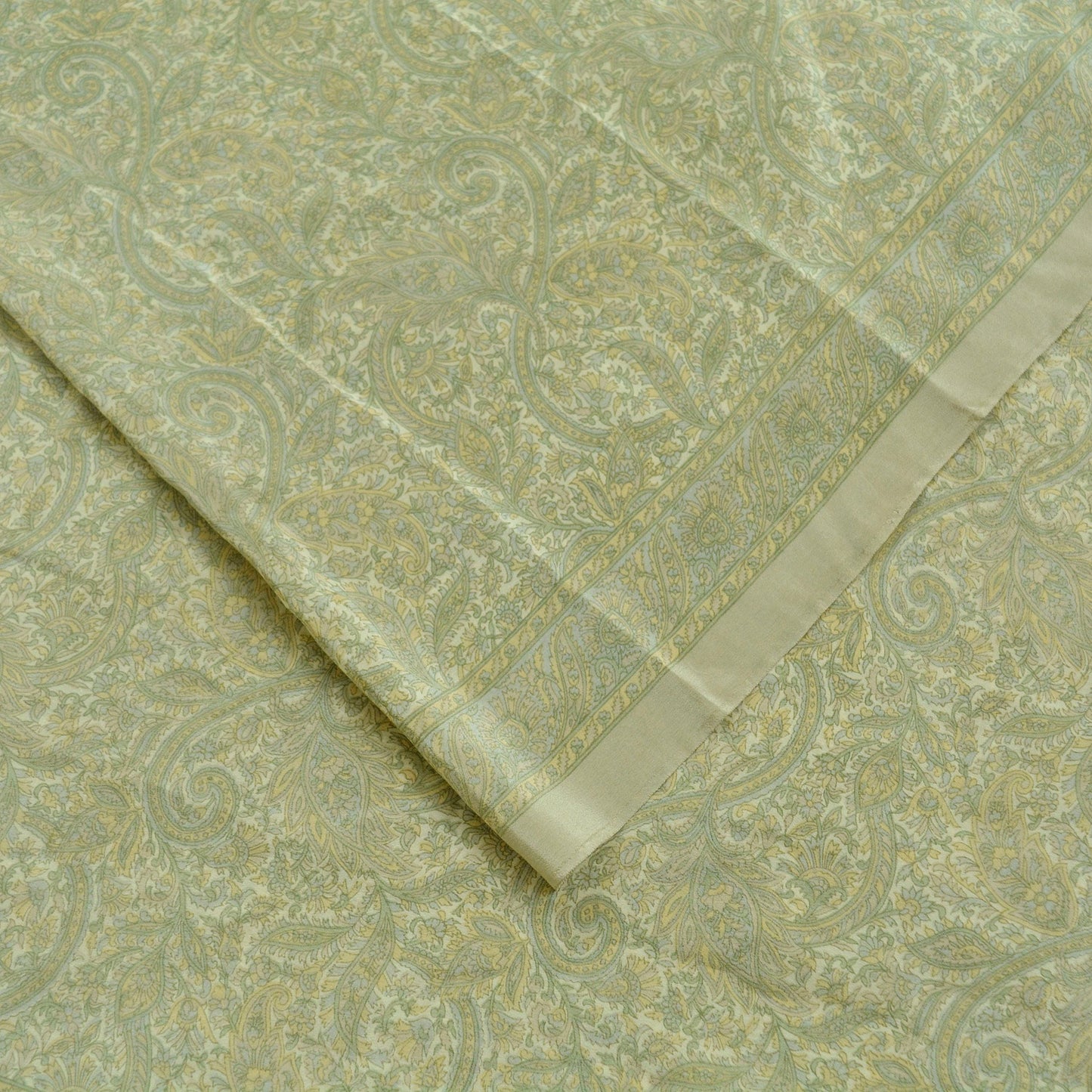 Indian Vintage Sari Cream & Green Pure Crepe Silk Printed Sarees 5yd Sewing Soft Craft Fabric Wrap Upcycle Quilting Crafting Dress making