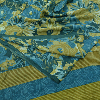 Indian Vintage Sari Green Pure Crepe Silk Printed Sarees 5yd Sewing Floral Soft Craft Fabric Wrap Dress Making Crafting Quilting Upcycle