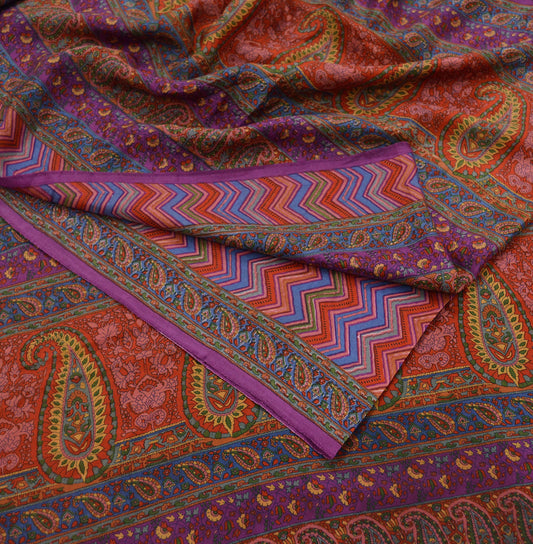 Indian Vintage Sari Orange & Purple Printed 100% Pure Silk Sarees Craft Fabric 5yd Sewing Dress Making Soft Wrap Quilting Crafting Upcycle