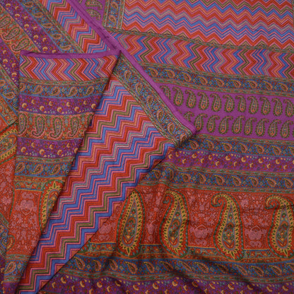 Indian Vintage Sari Orange & Purple Printed 100% Pure Silk Sarees Craft Fabric 5yd Sewing Dress Making Soft Wrap Quilting Crafting Upcycle