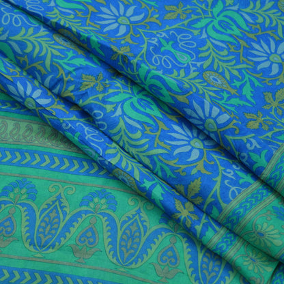 Indian Vintage Sari Green & Blue 100% Pure Silk Printed Sarees 5yd Sewing Craft Fabric Dress Making Soft Wrap Dress Making Quilting Crafting