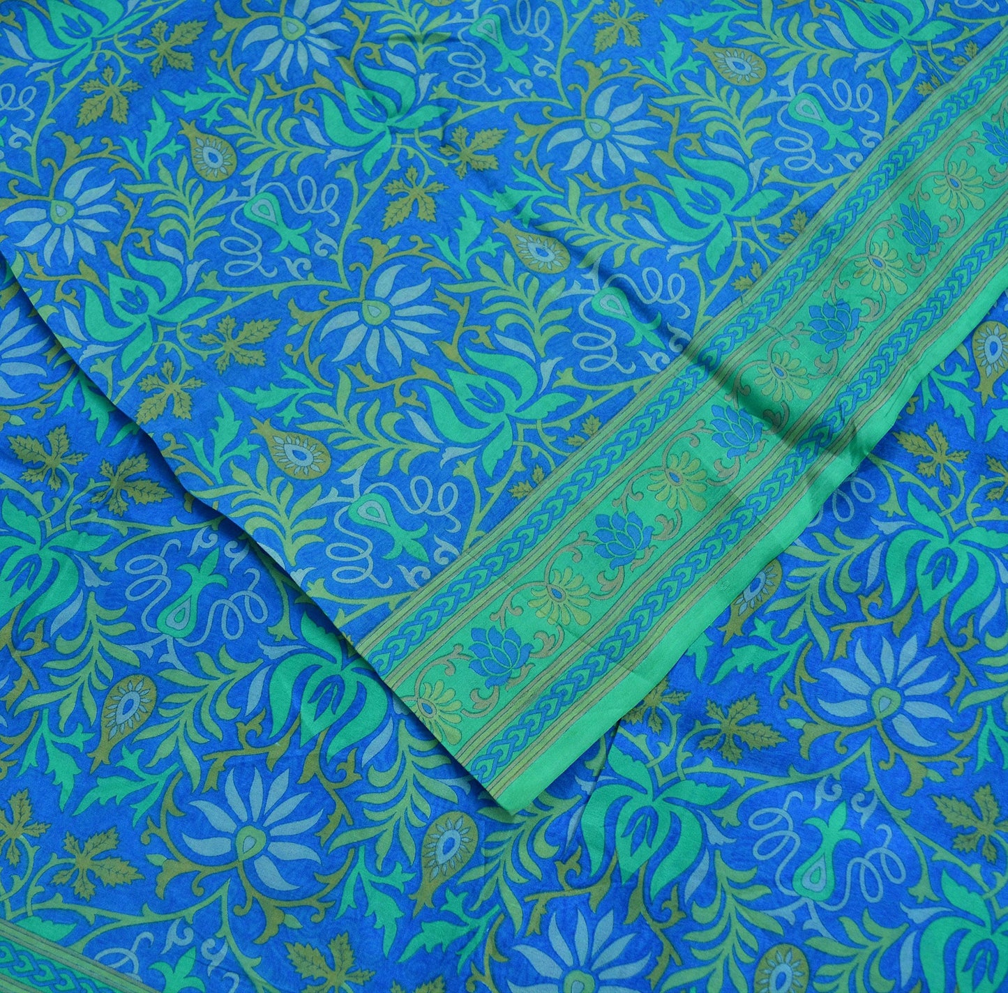 Indian Vintage Sari Green & Blue 100% Pure Silk Printed Sarees 5yd Sewing Craft Fabric Dress Making Soft Wrap Dress Making Quilting Crafting