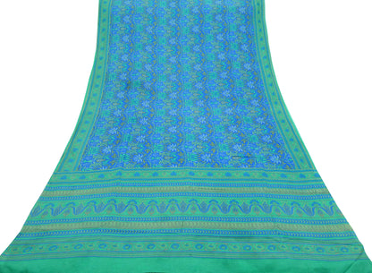 Indian Vintage Sari Green & Blue 100% Pure Silk Printed Sarees 5yd Sewing Craft Fabric Dress Making Soft Wrap Dress Making Quilting Crafting