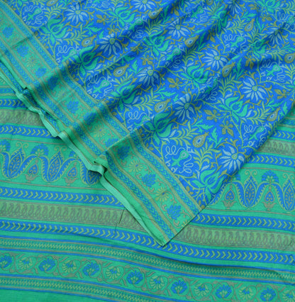 Indian Vintage Sari Green & Blue 100% Pure Silk Printed Sarees 5yd Sewing Craft Fabric Dress Making Soft Wrap Dress Making Quilting Crafting