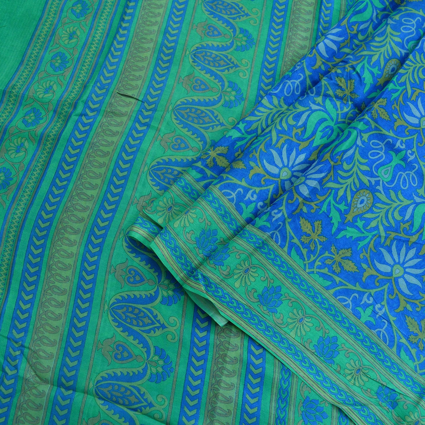 Indian Vintage Sari Green & Blue 100% Pure Silk Printed Sarees 5yd Sewing Craft Fabric Dress Making Soft Wrap Dress Making Quilting Crafting