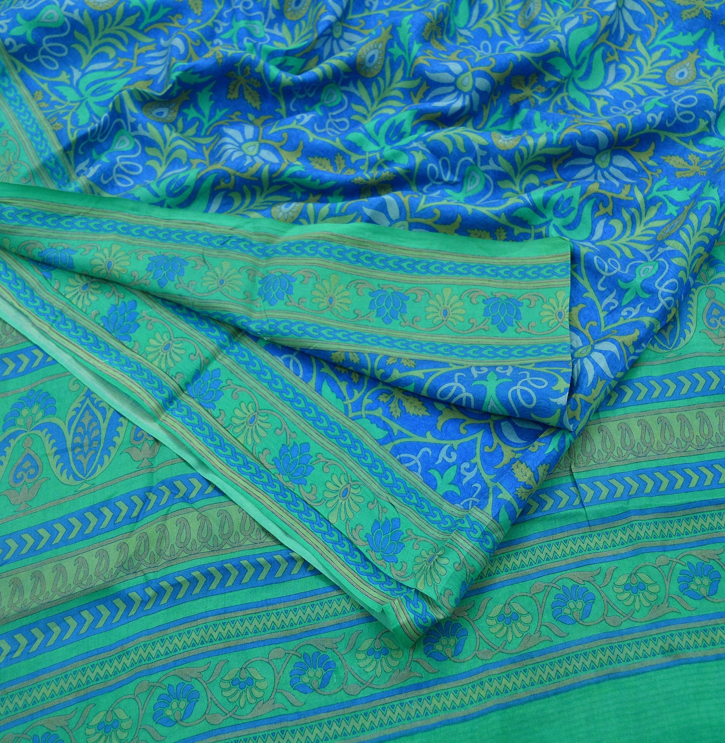 Indian Vintage Sari Green & Blue 100% Pure Silk Printed Sarees 5yd Sewing Craft Fabric Dress Making Soft Wrap Dress Making Quilting Crafting