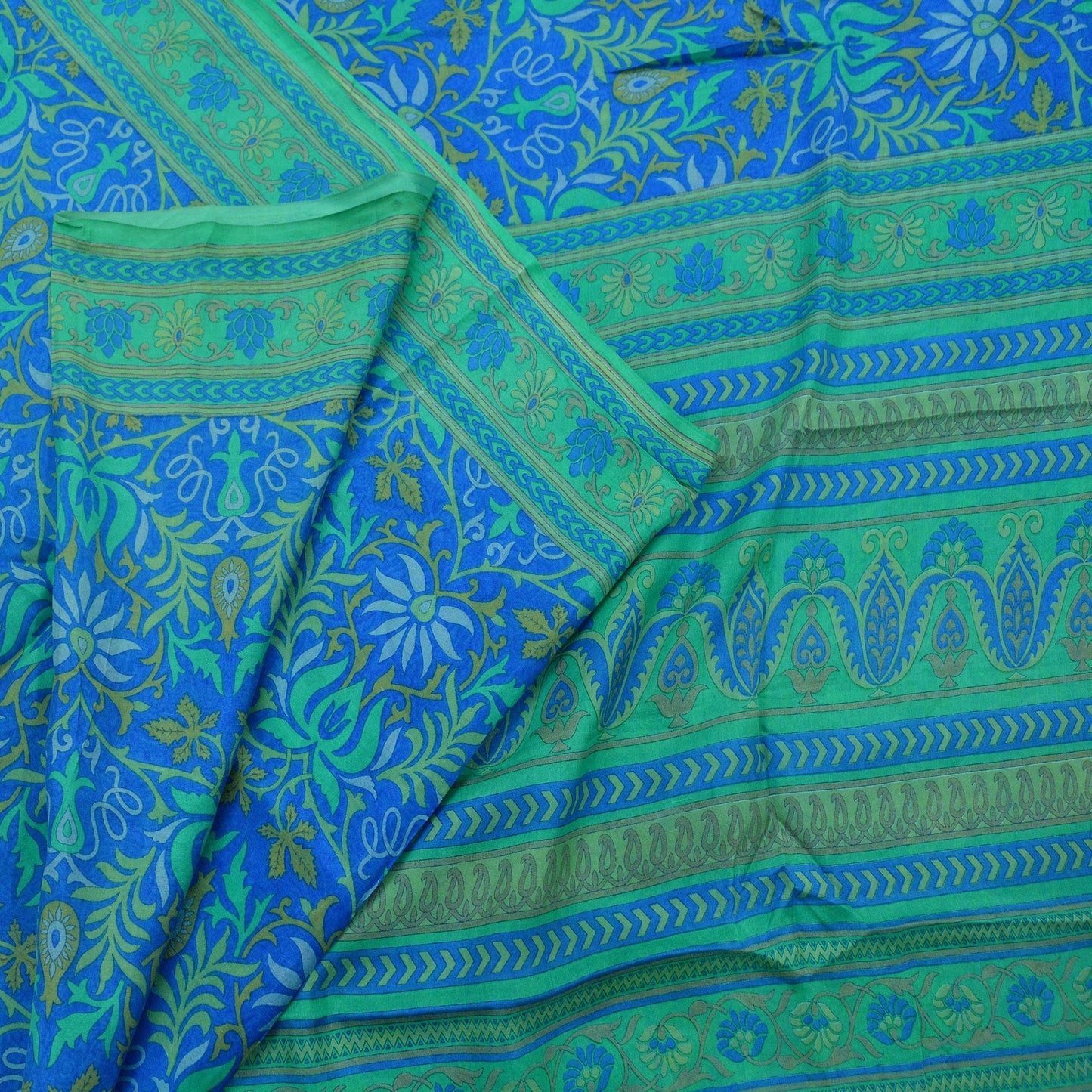 Indian Vintage Sari Green & Blue 100% Pure Silk Printed Sarees 5yd Sewing Craft Fabric Dress Making Soft Wrap Dress Making Quilting Crafting