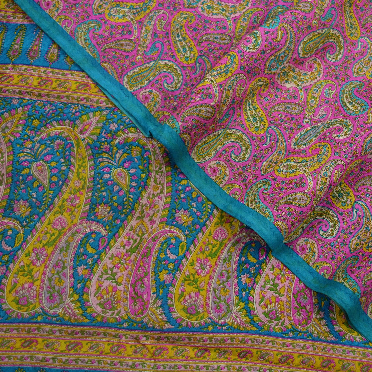 Indian Vintage Pink & Blue Saree 100% Pure Silk Printed Sari Craft Fabric 6yd Sewing Dress Making  Soft Floral Paisley Quilting Crafting