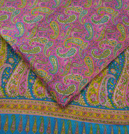 Indian Vintage Pink & Blue Saree 100% Pure Silk Printed Sari Craft Fabric 6yd Sewing Dress Making  Soft Floral Paisley Quilting Crafting