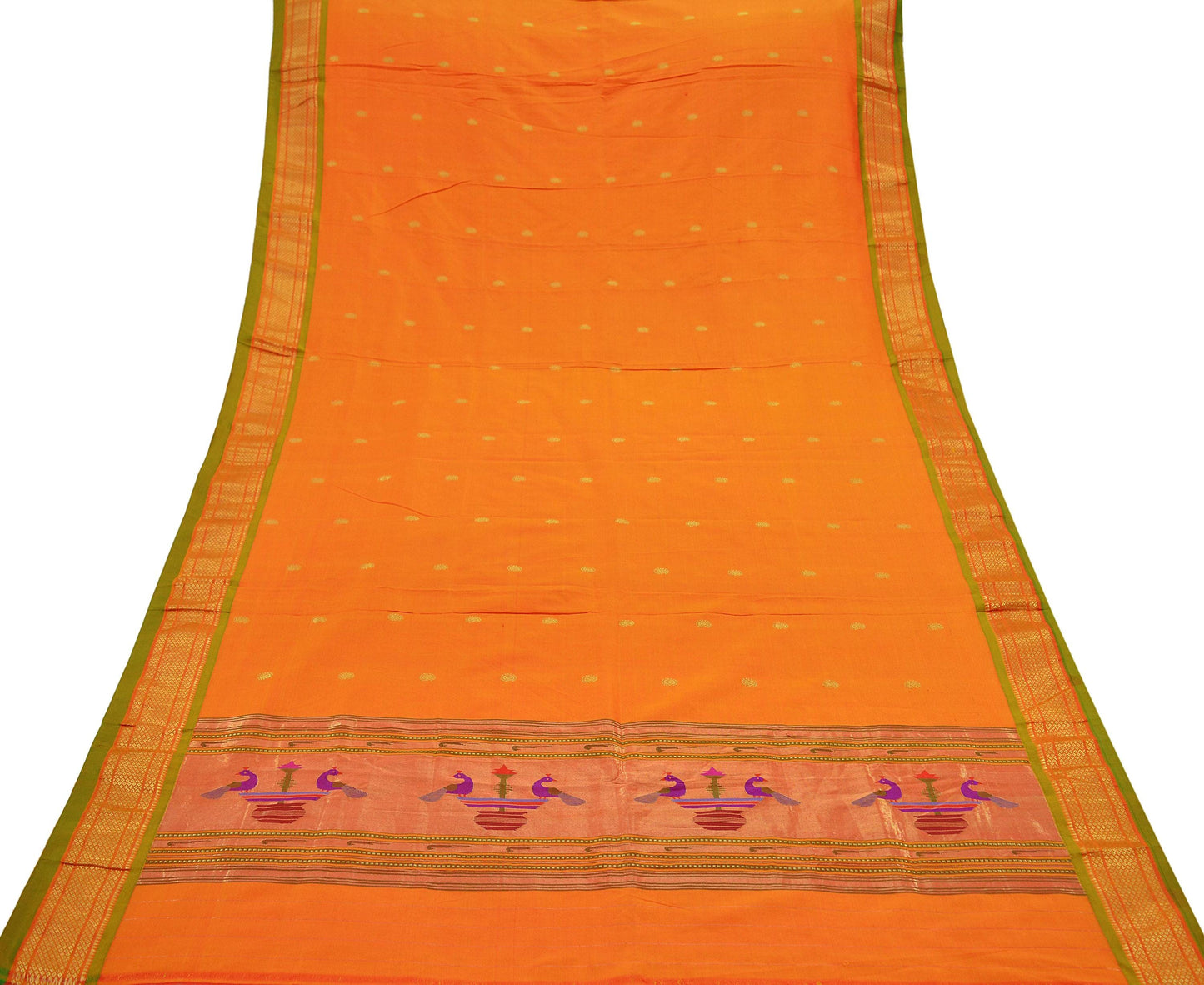 Indian Vintage Dupatta Saffron Pure Silk Long Stole Hand Woven Paithani Scarves Veil Golden Zari Soft Peacock Design