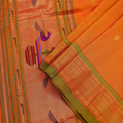 Indian Vintage Dupatta Saffron Pure Silk Long Stole Hand Woven Paithani Scarves Veil Golden Zari Soft Peacock Design