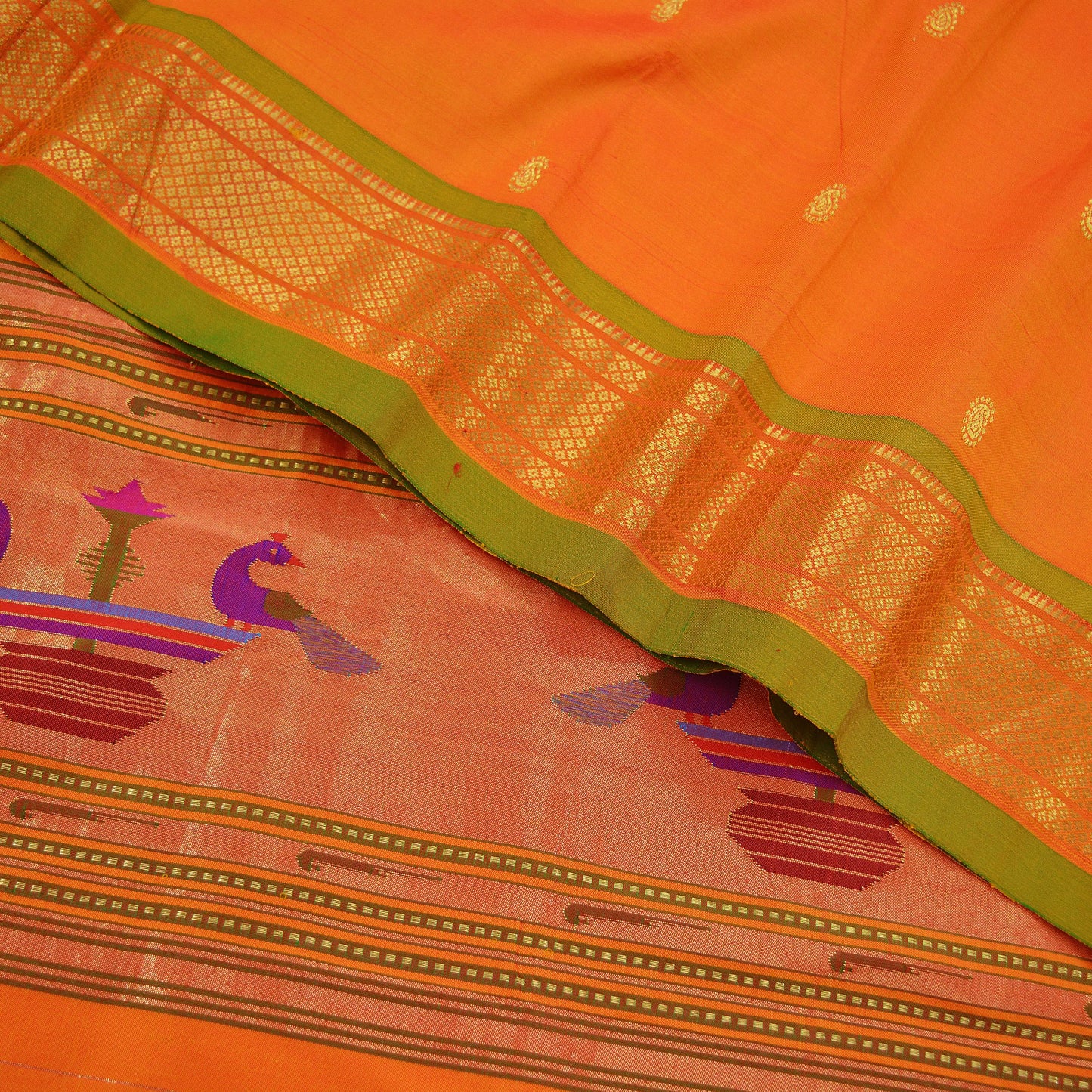 Indian Vintage Dupatta Saffron Pure Silk Long Stole Hand Woven Paithani Scarves Veil Golden Zari Soft Peacock Design