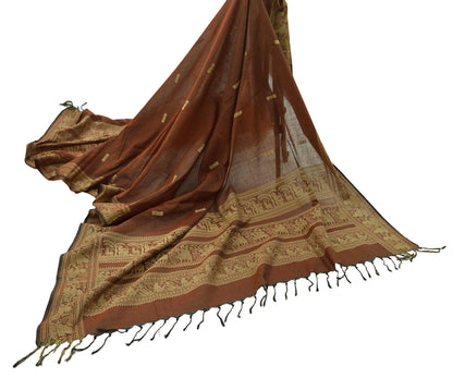 Indian Vintage Dupatta Brown Long Stole Hand Woven Baluchari Pure Cotton Scarves Veil Soft Fringes