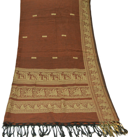 Indian Vintage Dupatta Brown Long Stole Hand Woven Baluchari Pure Cotton Scarves Veil Soft Fringes