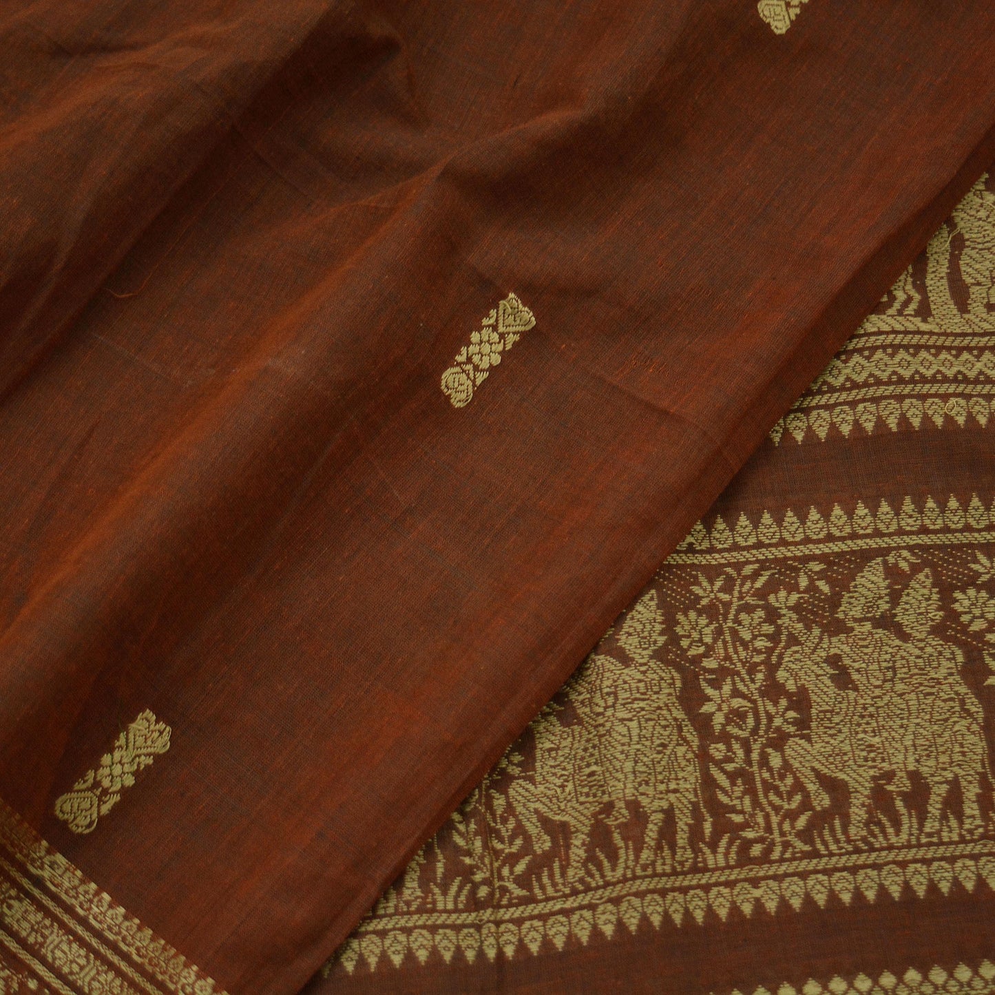 Indian Vintage Dupatta Brown Long Stole Hand Woven Baluchari Pure Cotton Scarves Veil Soft Fringes