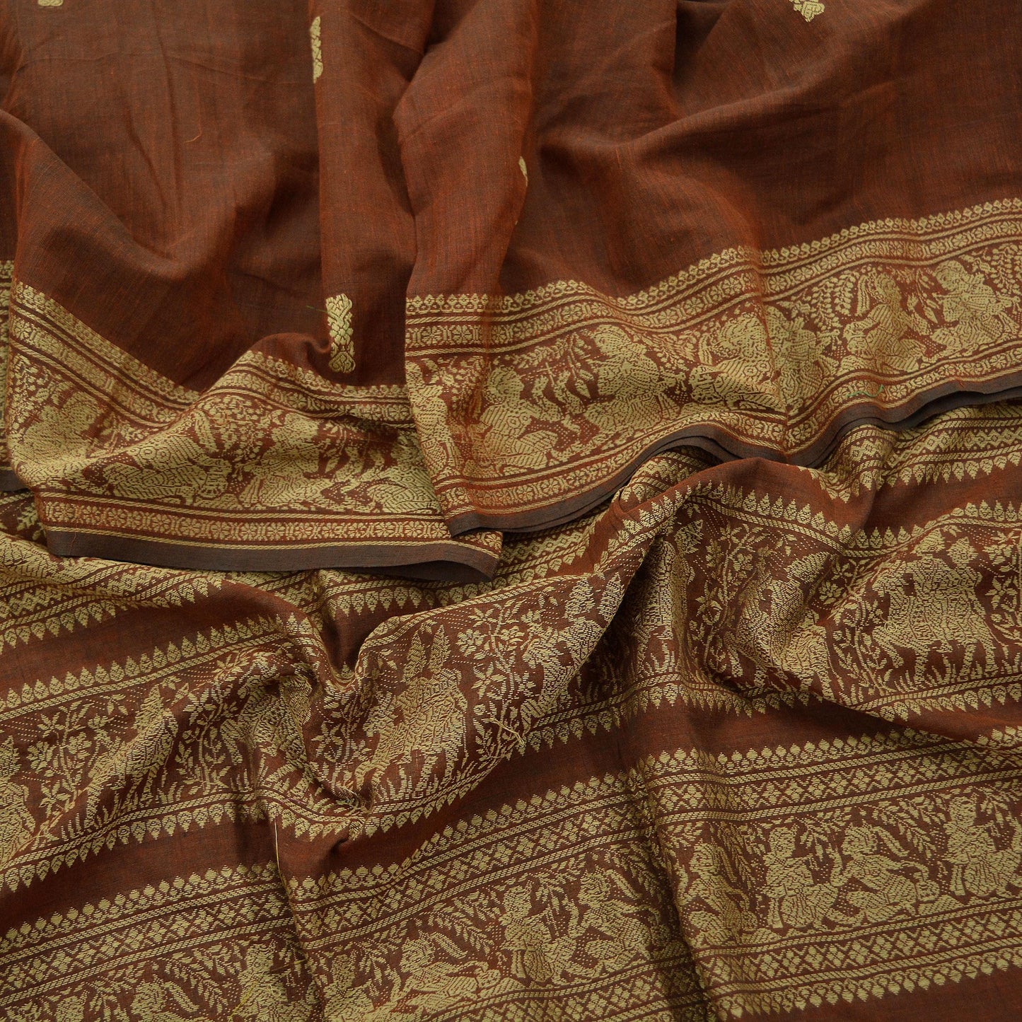 Indian Vintage Dupatta Brown Long Stole Hand Woven Baluchari Pure Cotton Scarves Veil Soft Fringes