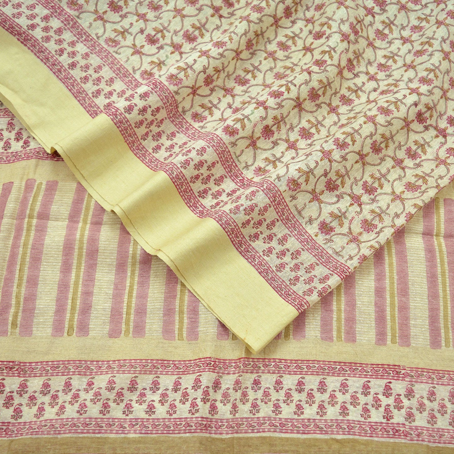 Indian Vintage Dupatta Ivory Long Stole Block Printed Woven Pure Silk Scarves Veil Soft Fringes