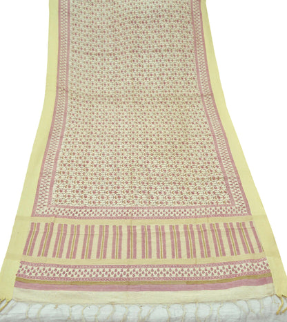 Indian Vintage Dupatta Ivory Long Stole Block Printed Woven Pure Silk Scarves Veil Soft Fringes