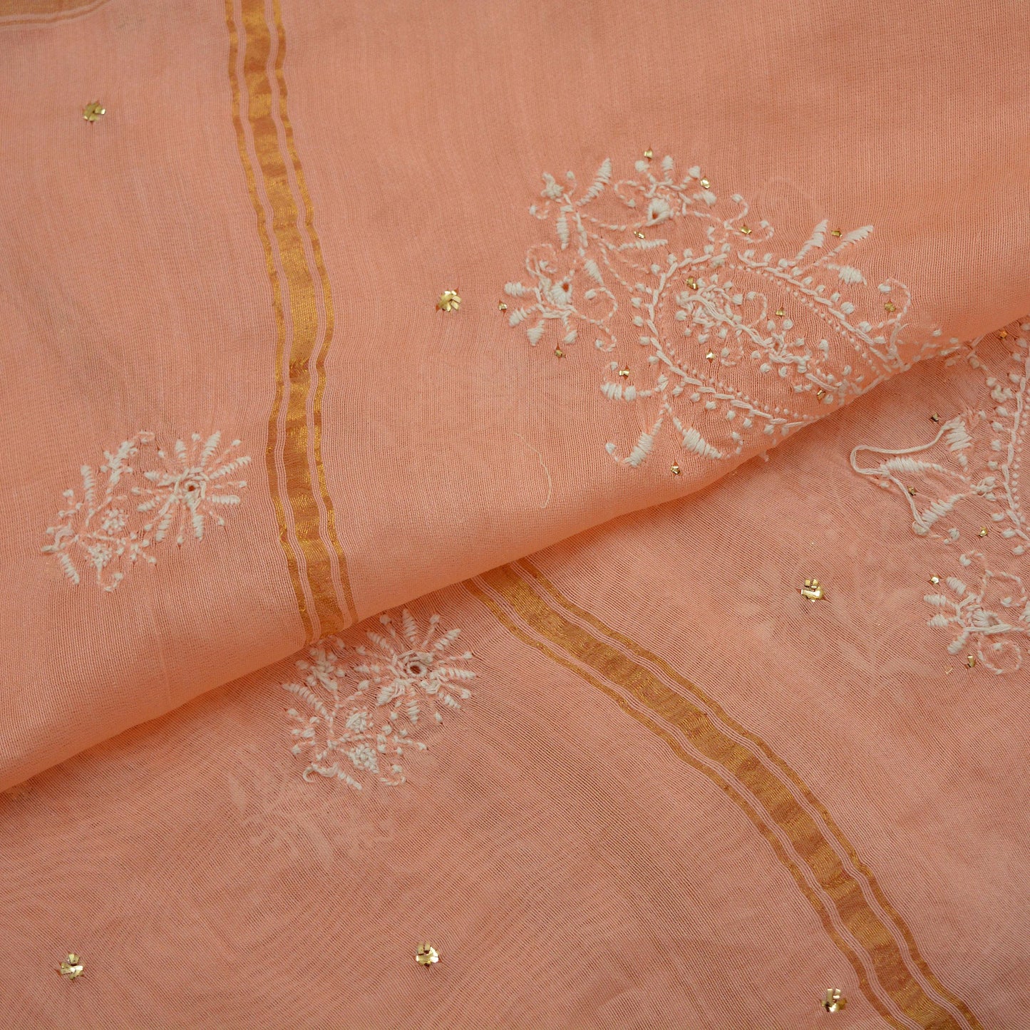 Indian Vintage Peach Dupatta Long Stole Pure Chanderi silk Handmade Mukesh & Chikankari Scarves Veil Scarf Wrap Zari Floral Design