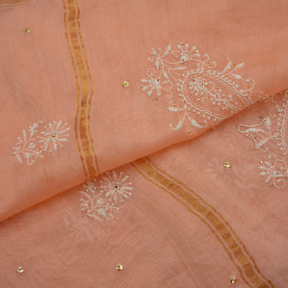 Indian Vintage Peach Dupatta Long Stole Pure Chanderi silk Handmade Mukesh & Chikankari Scarves Veil Scarf Wrap Zari Floral Design