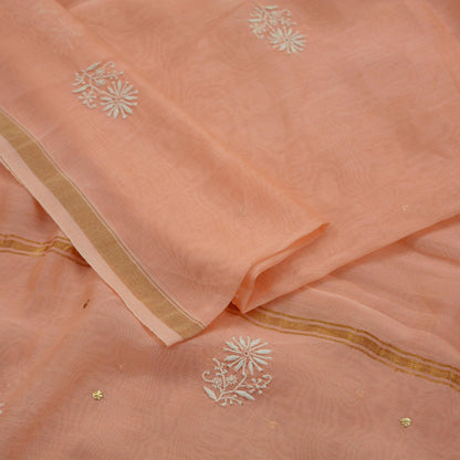 Indian Vintage Peach Dupatta Long Stole Pure Chanderi silk Handmade Mukesh & Chikankari Scarves Veil Scarf Wrap Zari Floral Design